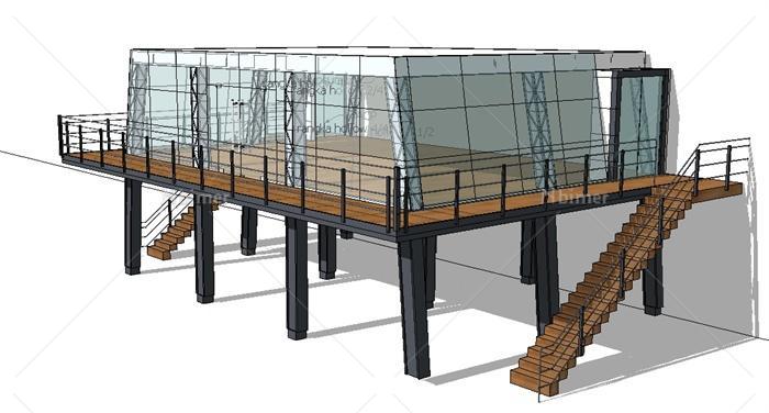 两个水边观景钢构平台建筑精细设计su模型[原创]